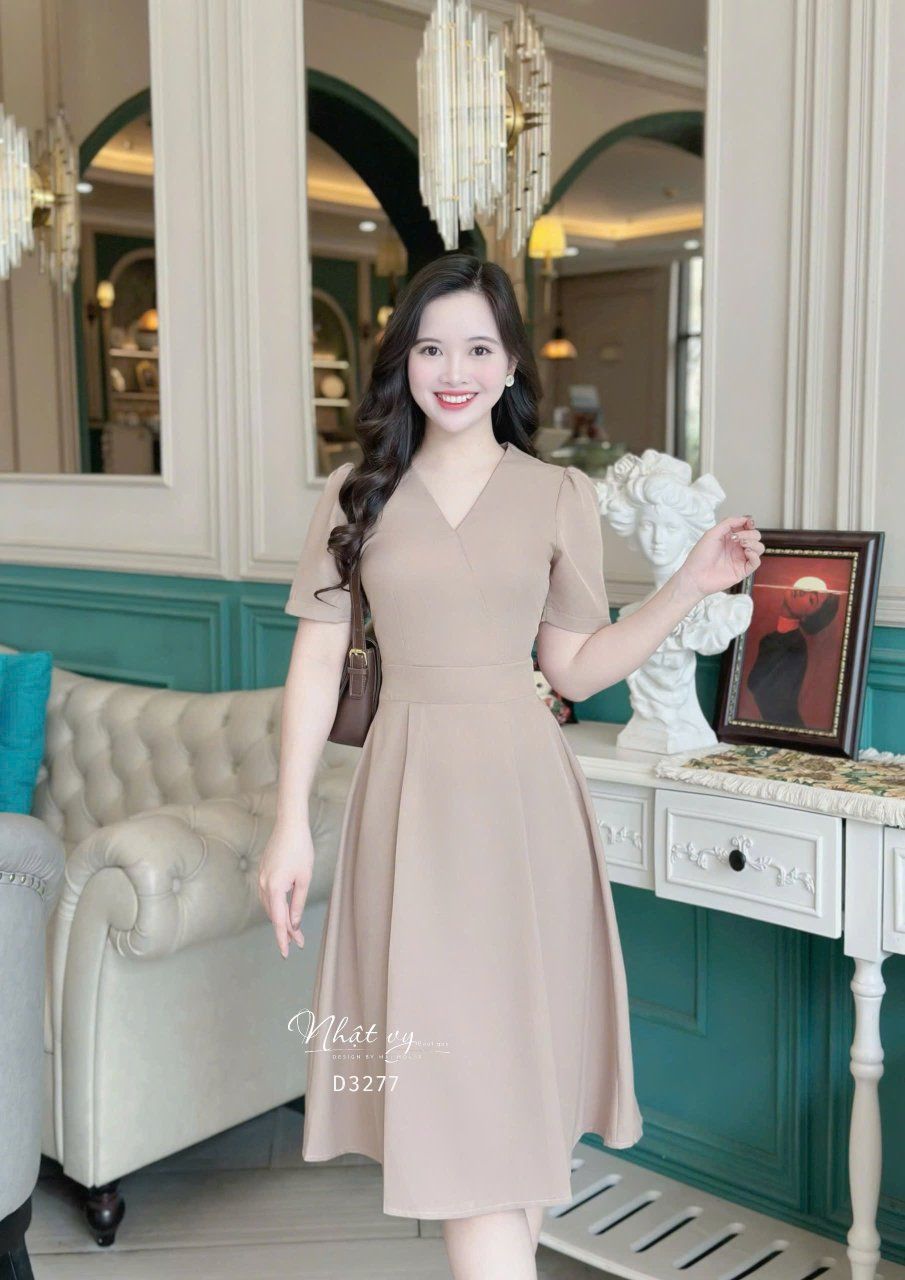  Đầm cổ V thắt dây eo liền form dáng xoè - D3277 