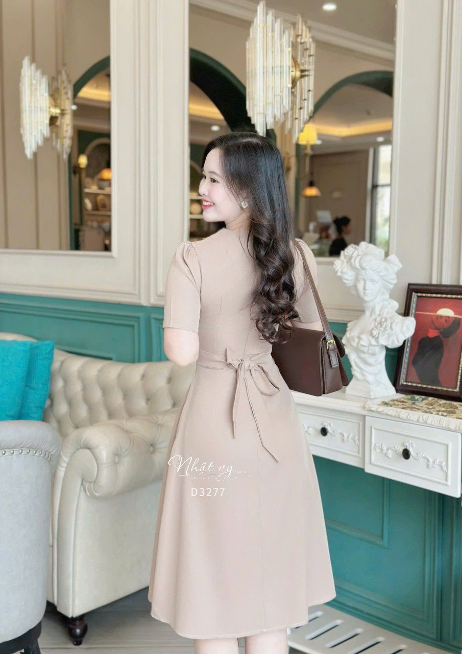  Đầm cổ V thắt dây eo liền form dáng xoè - D3277 