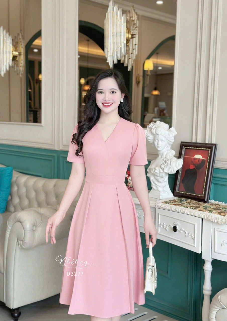  Đầm cổ V thắt dây eo liền form dáng xoè - D3277 
