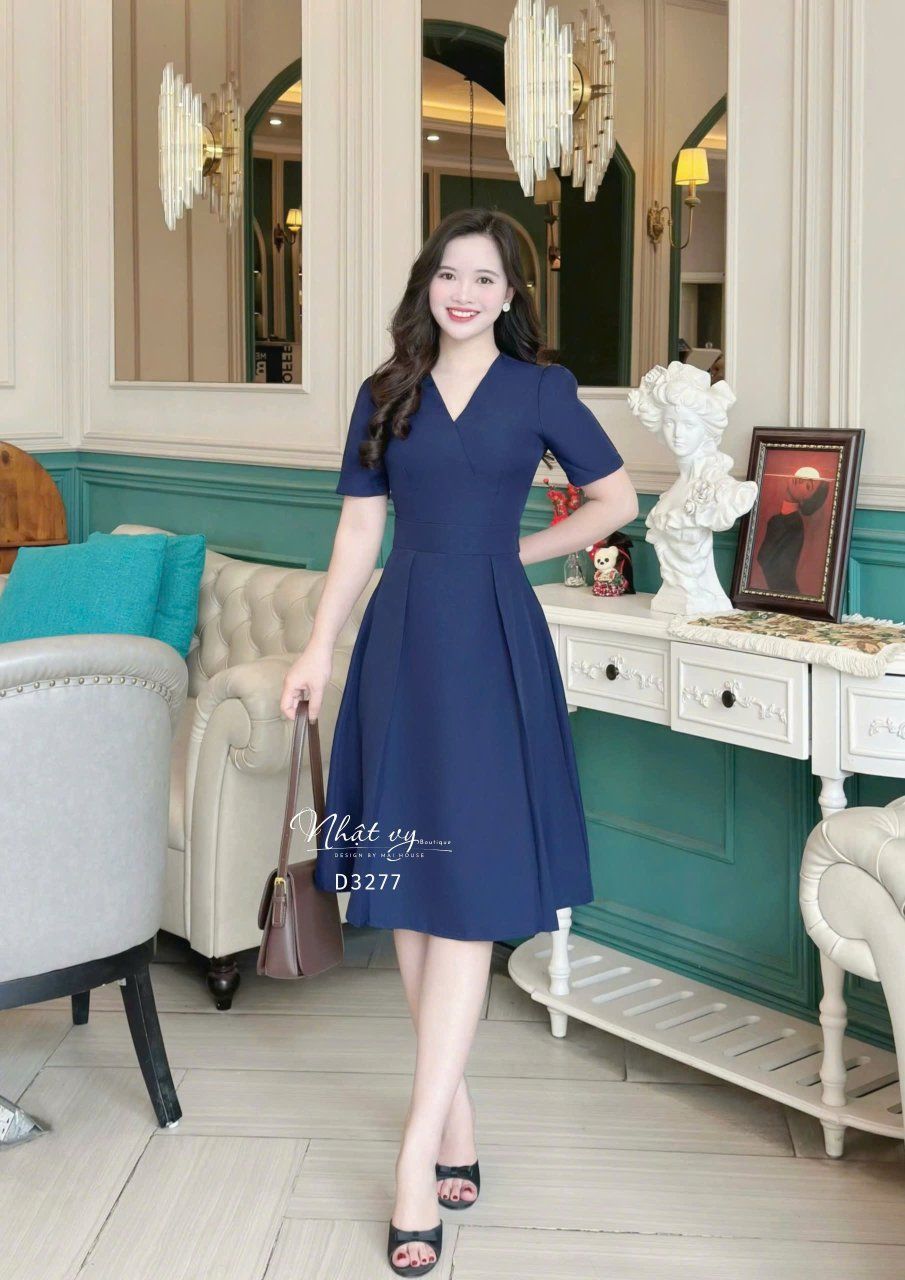  Đầm cổ V thắt dây eo liền form dáng xoè - D3277 