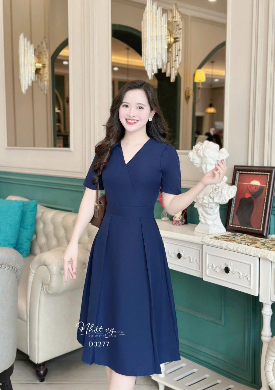 Đầm cổ V thắt dây eo liền form dáng xoè - D3277 
