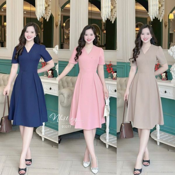  Đầm cổ V thắt dây eo liền form dáng xoè - D3277 