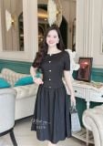  Đầm xốp cổ tròn nhún eo cách điệu đính nút kiểu - D3278 