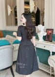  Đầm xốp cổ tròn nhún eo cách điệu đính nút kiểu - D3278 