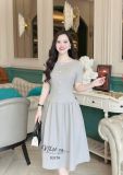  Đầm xốp cổ tròn nhún eo cách điệu đính nút kiểu - D3278 
