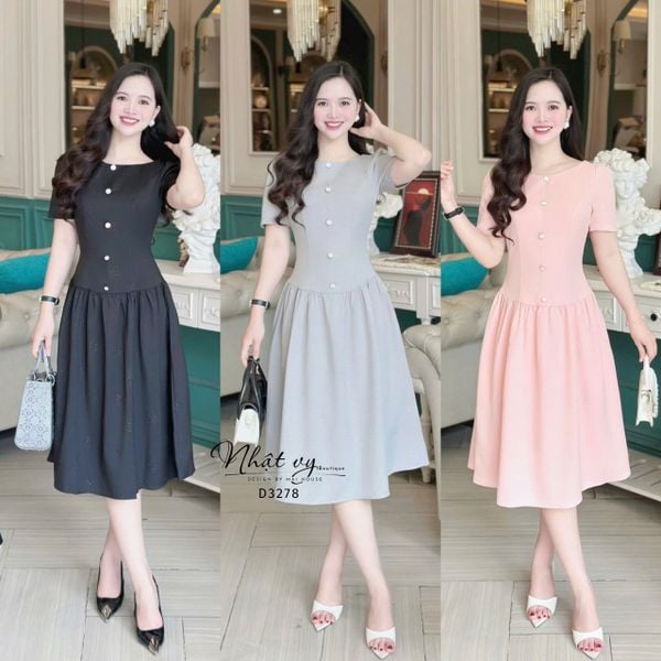  Đầm xốp cổ tròn nhún eo cách điệu đính nút kiểu - D3278 