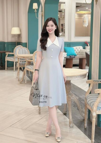  Đầm cổ V phối bèo đính nút bọc form dáng xoè - D3279 