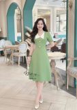 Đầm cổ V phối bèo đính nút bọc form dáng xoè - D3279 