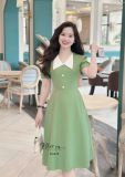  Đầm cổ V phối bèo đính nút bọc form dáng xoè - D3279 