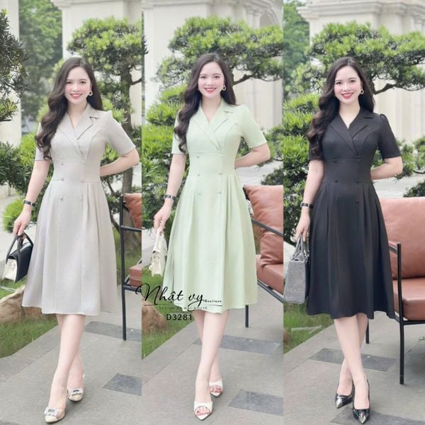  Đầm cổ vest xếp ly bên eo đính nút bọc - D3281 
