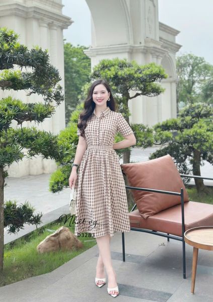  Đầm sơ mi caro đính nút bọc - D3283 
