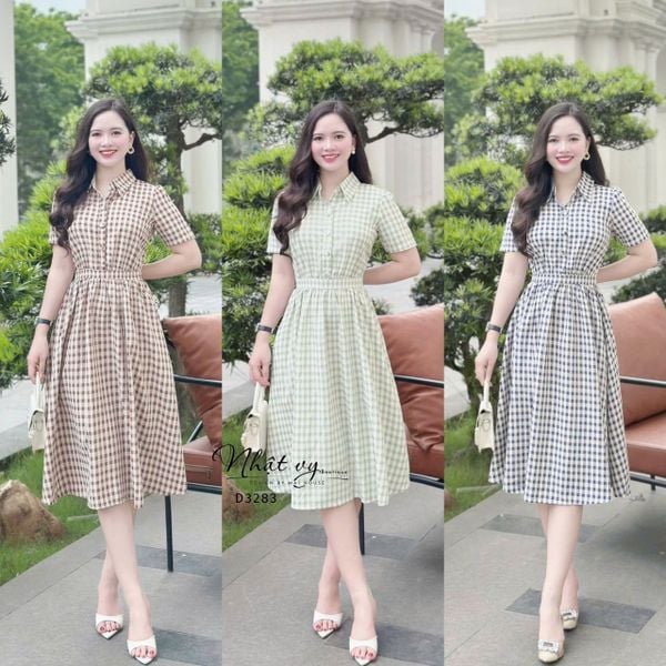  Đầm sơ mi caro đính nút bọc - D3283 