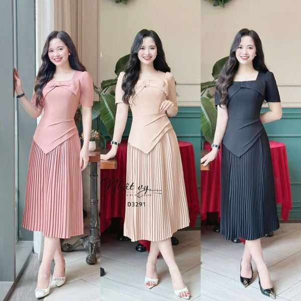  Đầm xếp ly cổ vuông đính nơ cách điệu - D3291 