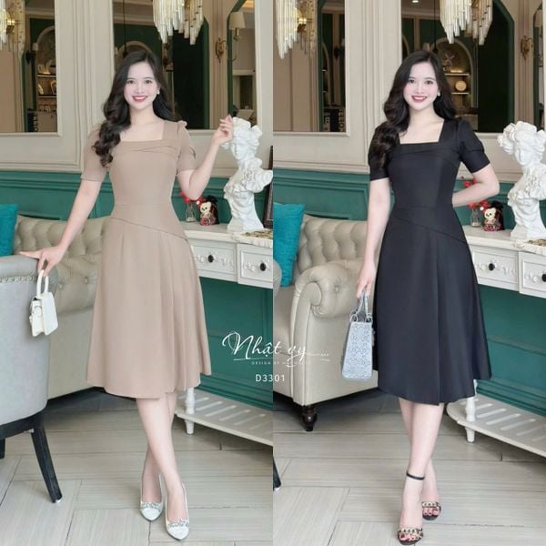  Đầm cổ vuông xếp ly eo cách điệu form dáng ôm - D3301 