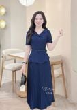  Đầm peplum cổ V đính nút bọc - D3309 