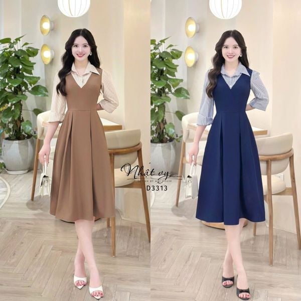  Đầm phối cổ sơ mi tay dài form dáng xoè - D3313 