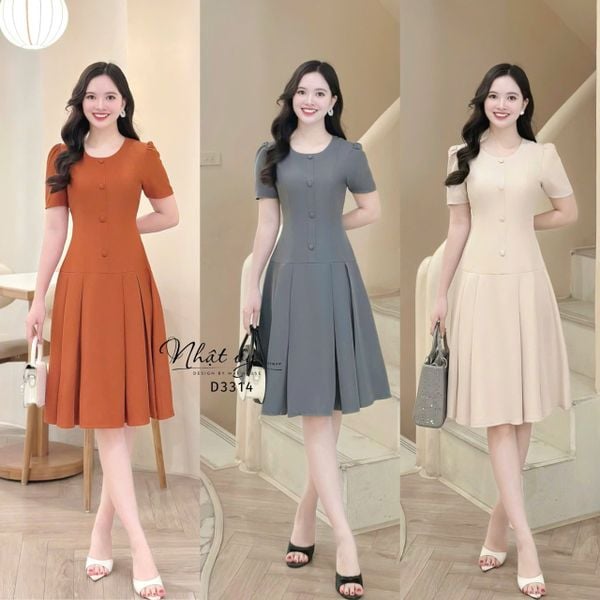  Đầm cổ tròn đắp túi giả form dáng ôm - D3314 