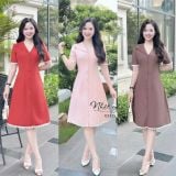  Đầm cổ V nút bọc form dáng xoè đính ren - D3315 