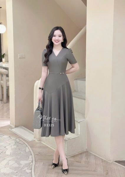  Đầm cổ V dáng xòe đính cúc kiểu - D3325 