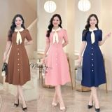  Đầm cổ tim phối nơ bèo đính cúc bọc - D3343 