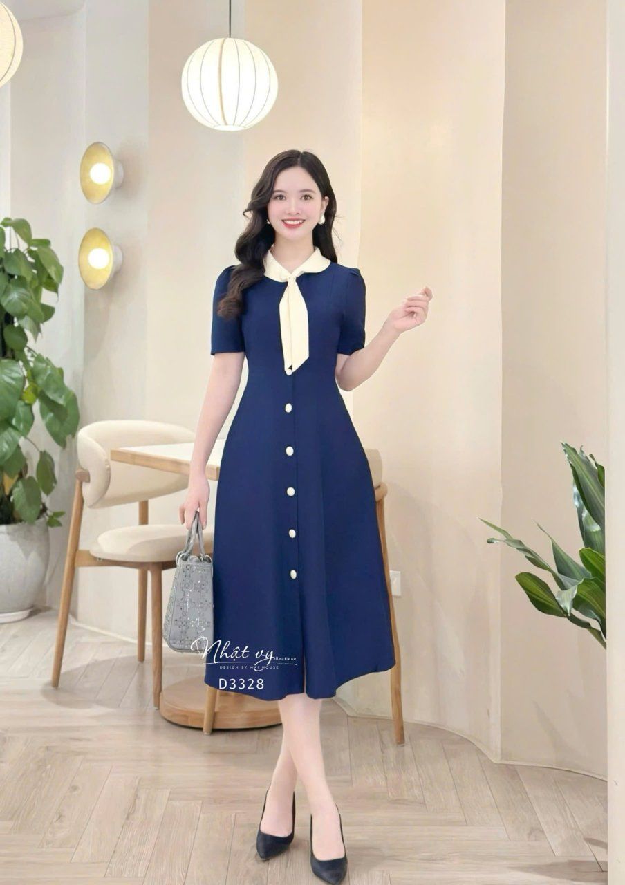  Đầm cổ tim phối nơ bèo đính cúc bọc - D3343 