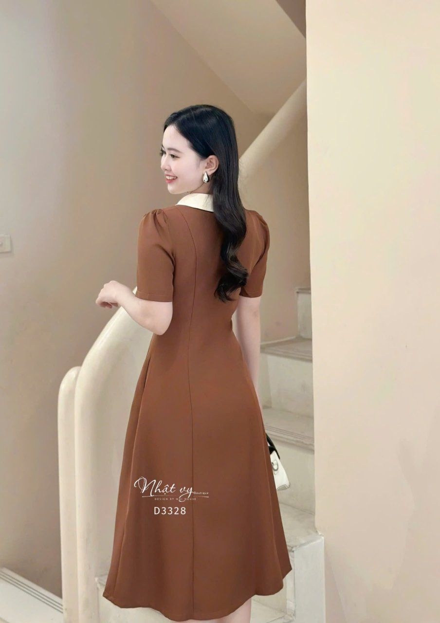 Đầm cổ tim phối nơ bèo đính cúc bọc - D3343 