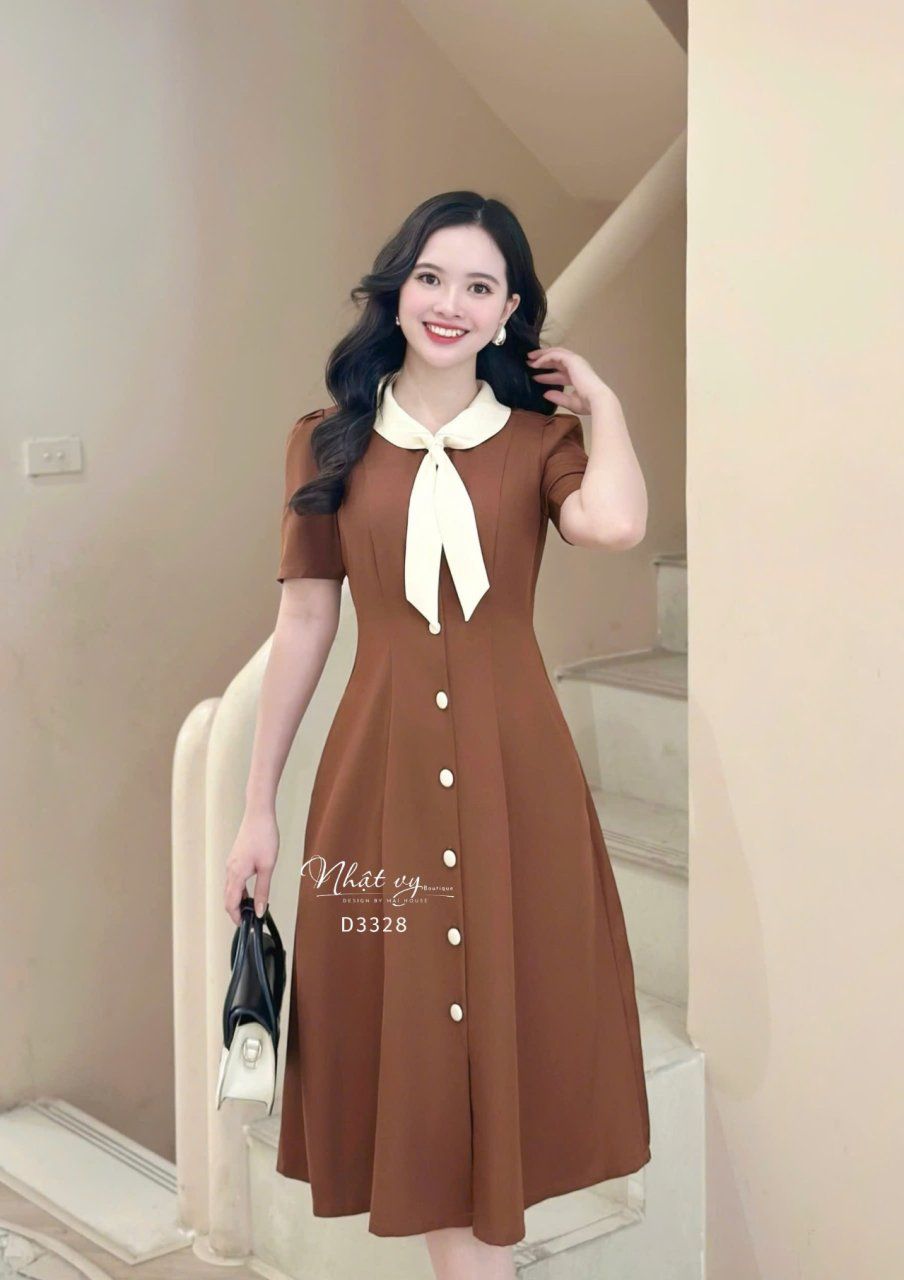  Đầm cổ tim phối nơ bèo đính cúc bọc - D3343 