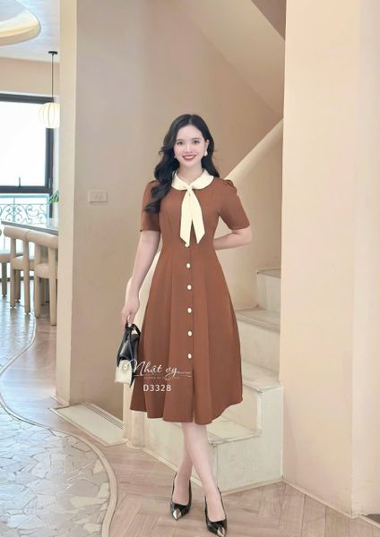  Đầm cổ tim phối nơ bèo đính cúc bọc - D3343 