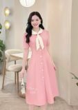  Đầm cổ tim phối nơ bèo đính cúc bọc - D3343 