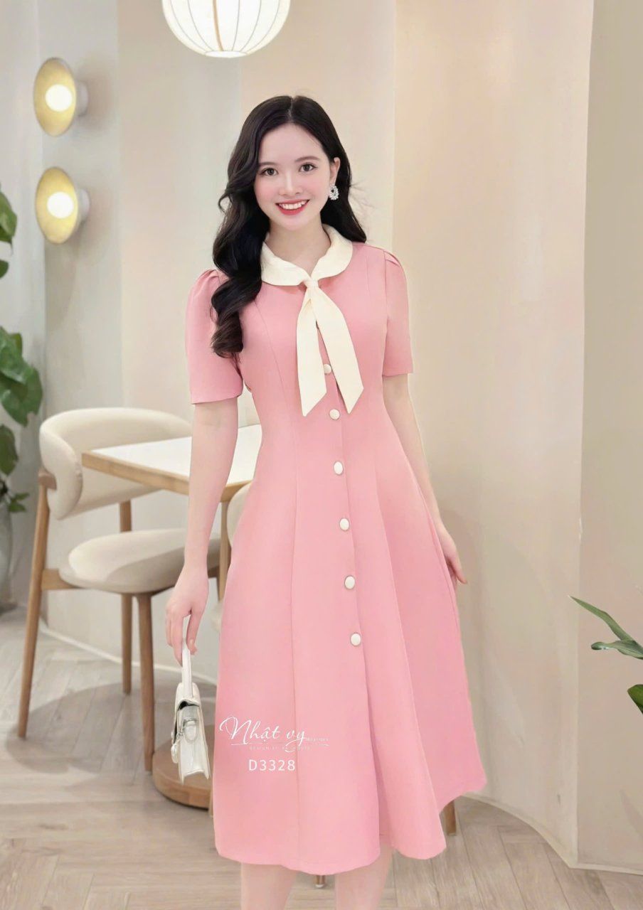  Đầm cổ tim phối nơ bèo đính cúc bọc - D3343 