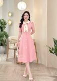  Đầm cổ tim phối nơ bèo đính cúc bọc - D3343 