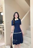  Đầm cổ tròn tà xếp ly phối viền nơ - D3330 