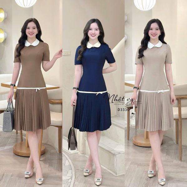  Đầm cổ tròn tà xếp ly phối viền nơ - D3330 