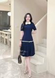  Đầm cổ tròn tà xếp ly phối viền nơ - D3330 