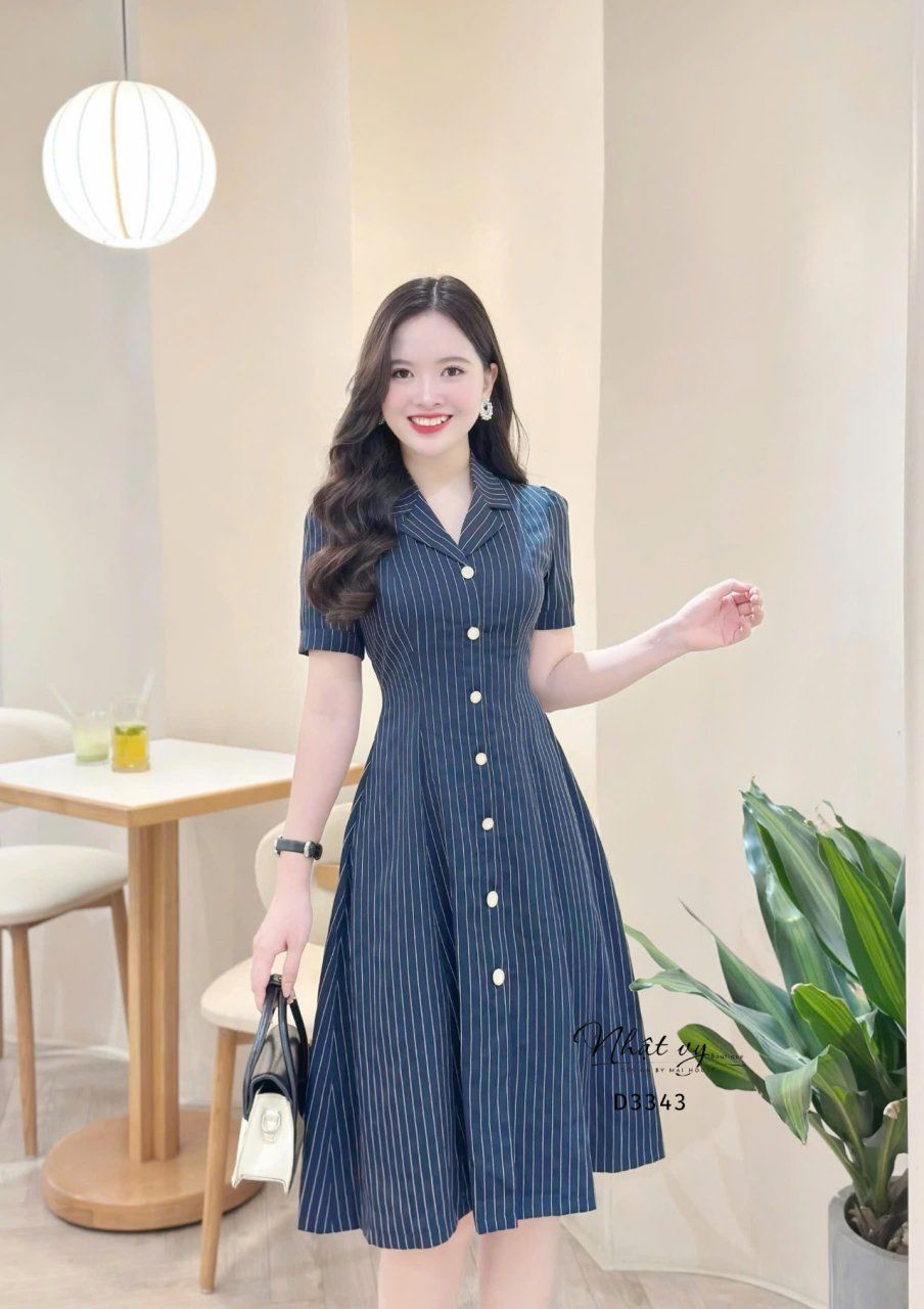  Đầm sọc đính cúc kiểu form dáng ôm - D3343 
