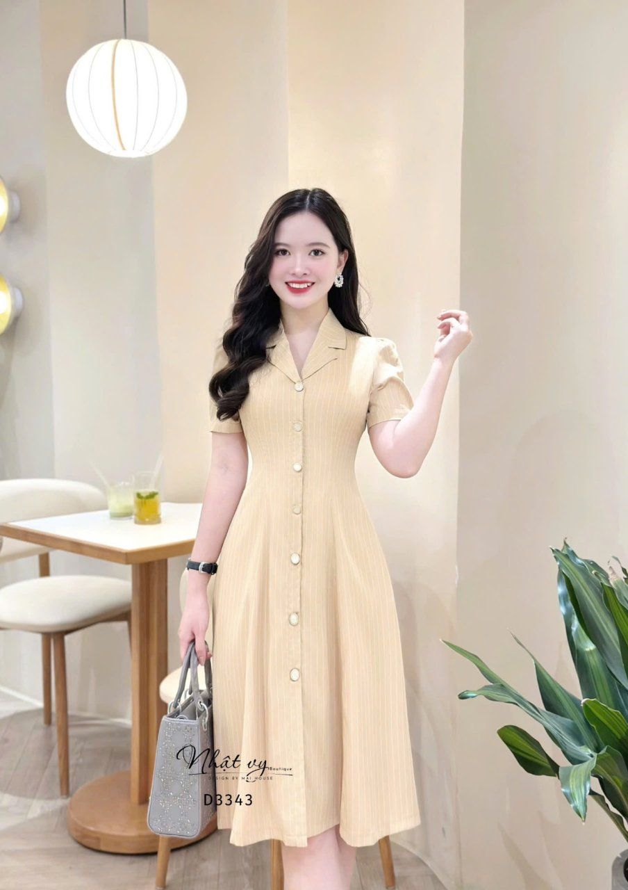  Đầm sọc đính cúc kiểu form dáng ôm - D3343 
