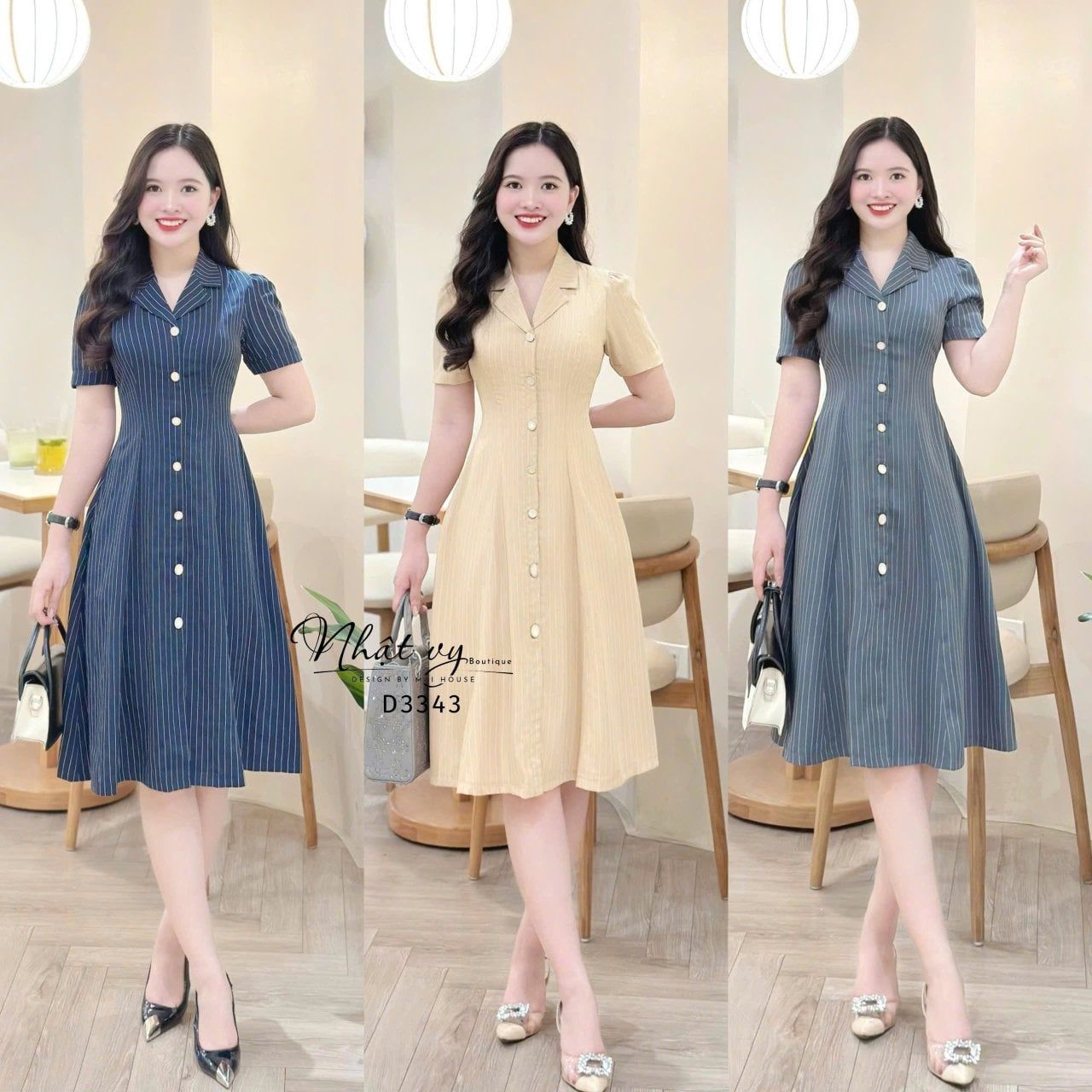  Đầm sọc đính cúc kiểu form dáng ôm - D3343 