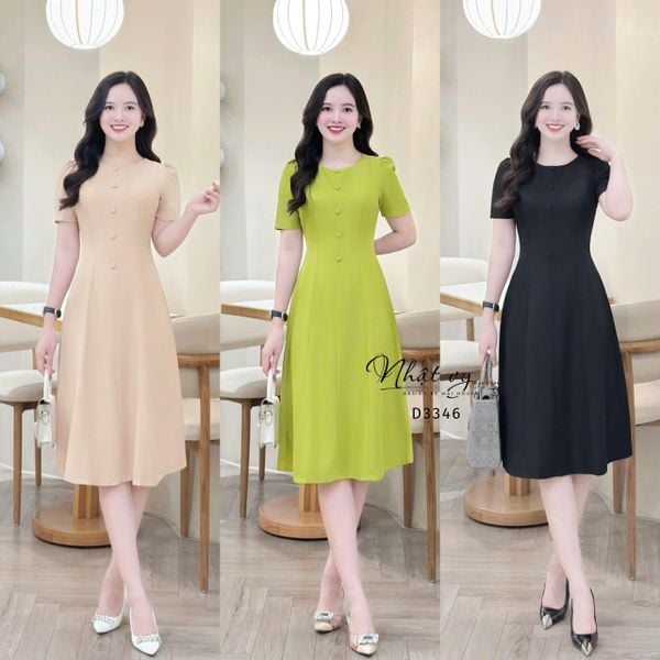  Đầm cổ tròn dáng ôm đơn giản đính cúc bọc - D3346 