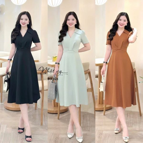  Đầm cổ V nhấn eo cách điệu form dáng xoè - D3348 