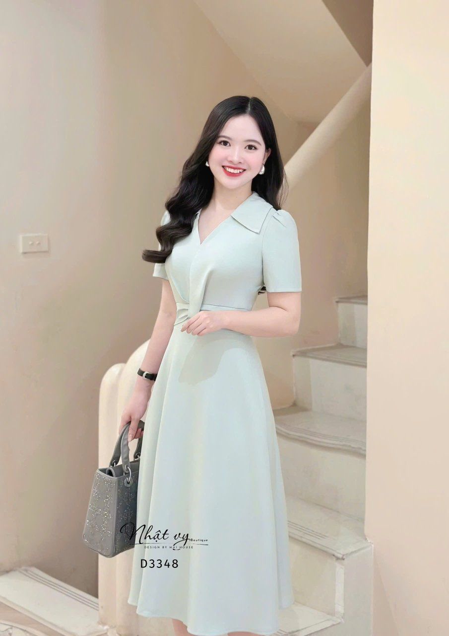  Đầm cổ V nhấn eo cách điệu form dáng xoè - D3348 