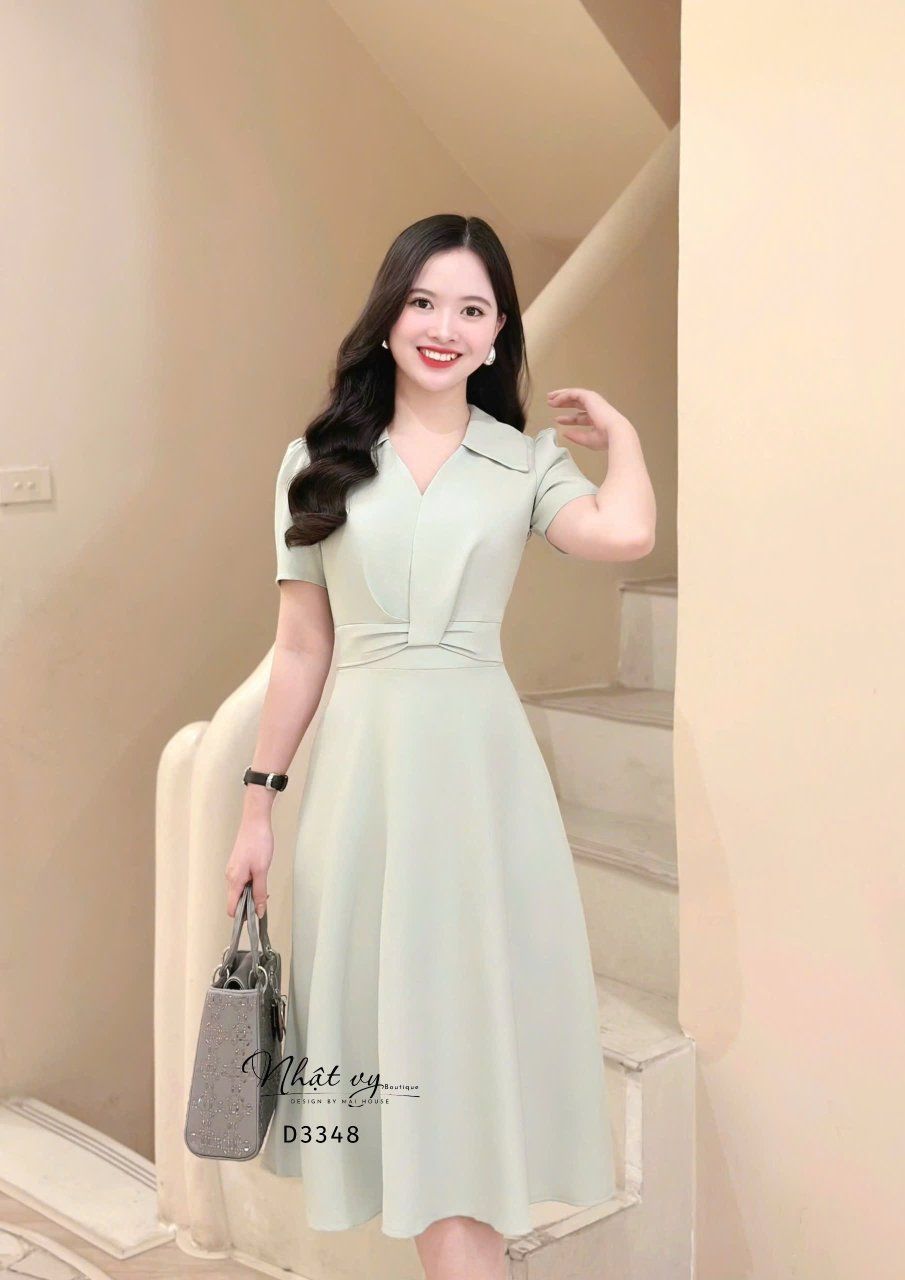  Đầm cổ V nhấn eo cách điệu form dáng xoè - D3348 