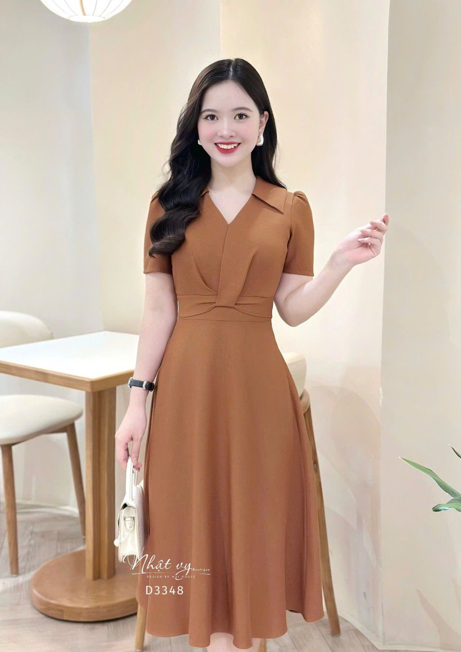  Đầm cổ V nhấn eo cách điệu form dáng xoè - D3348 
