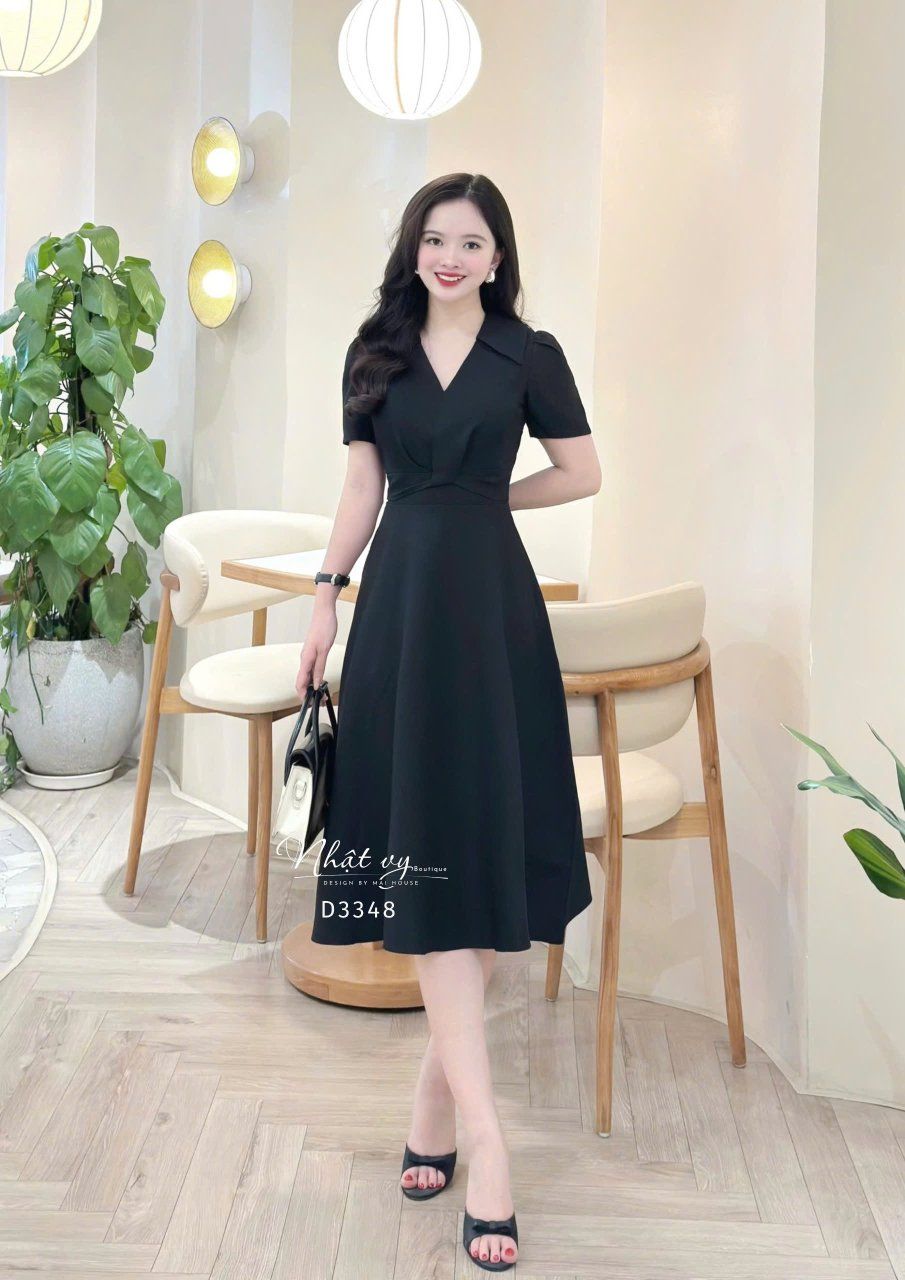  Đầm cổ V nhấn eo cách điệu form dáng xoè - D3348 