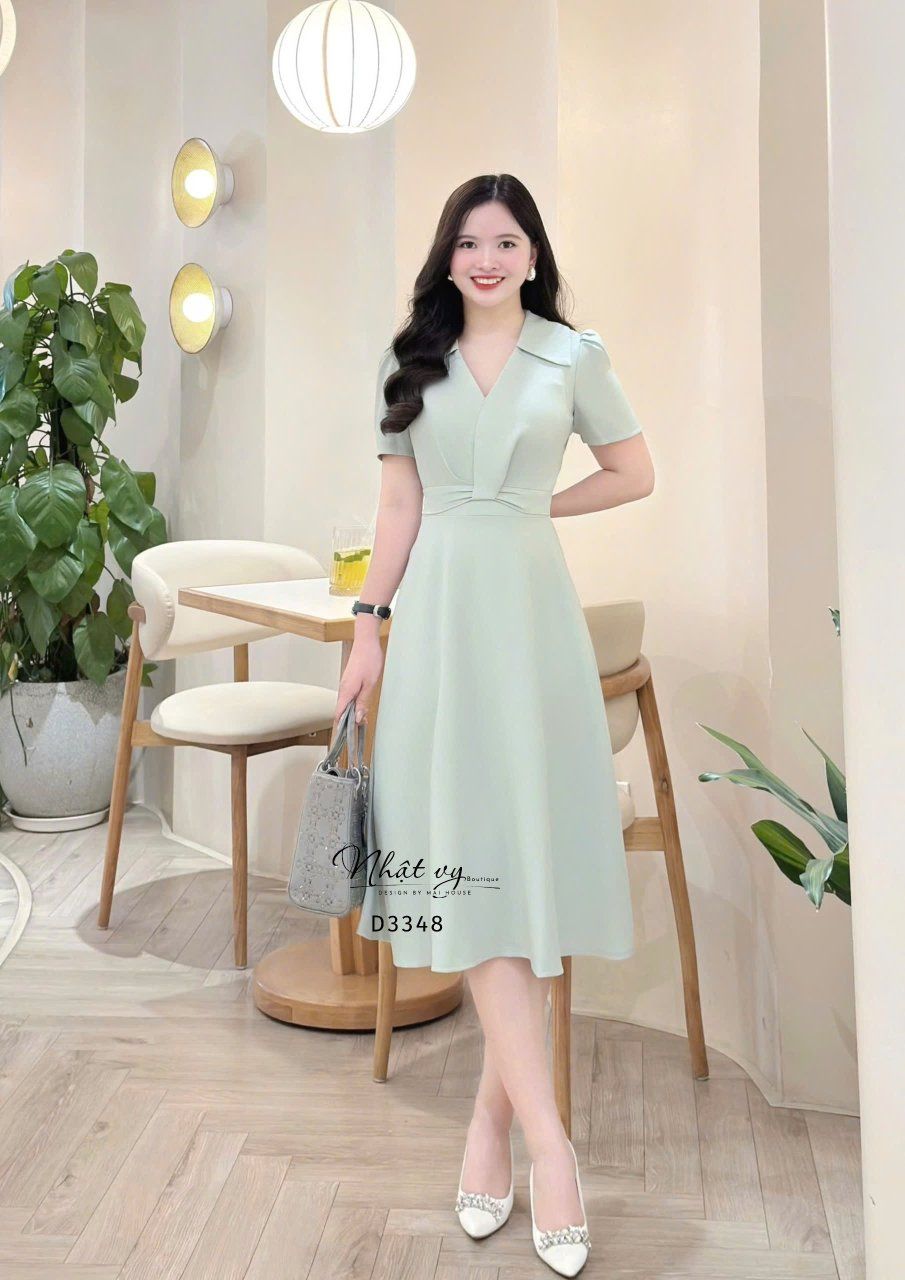  Đầm cổ V nhấn eo cách điệu form dáng xoè - D3348 