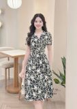  Đầm cổ V họa tiết nhấn eo cách điệu - D3361 
