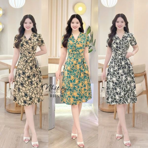  Đầm cổ V họa tiết nhấn eo cách điệu - D3361 