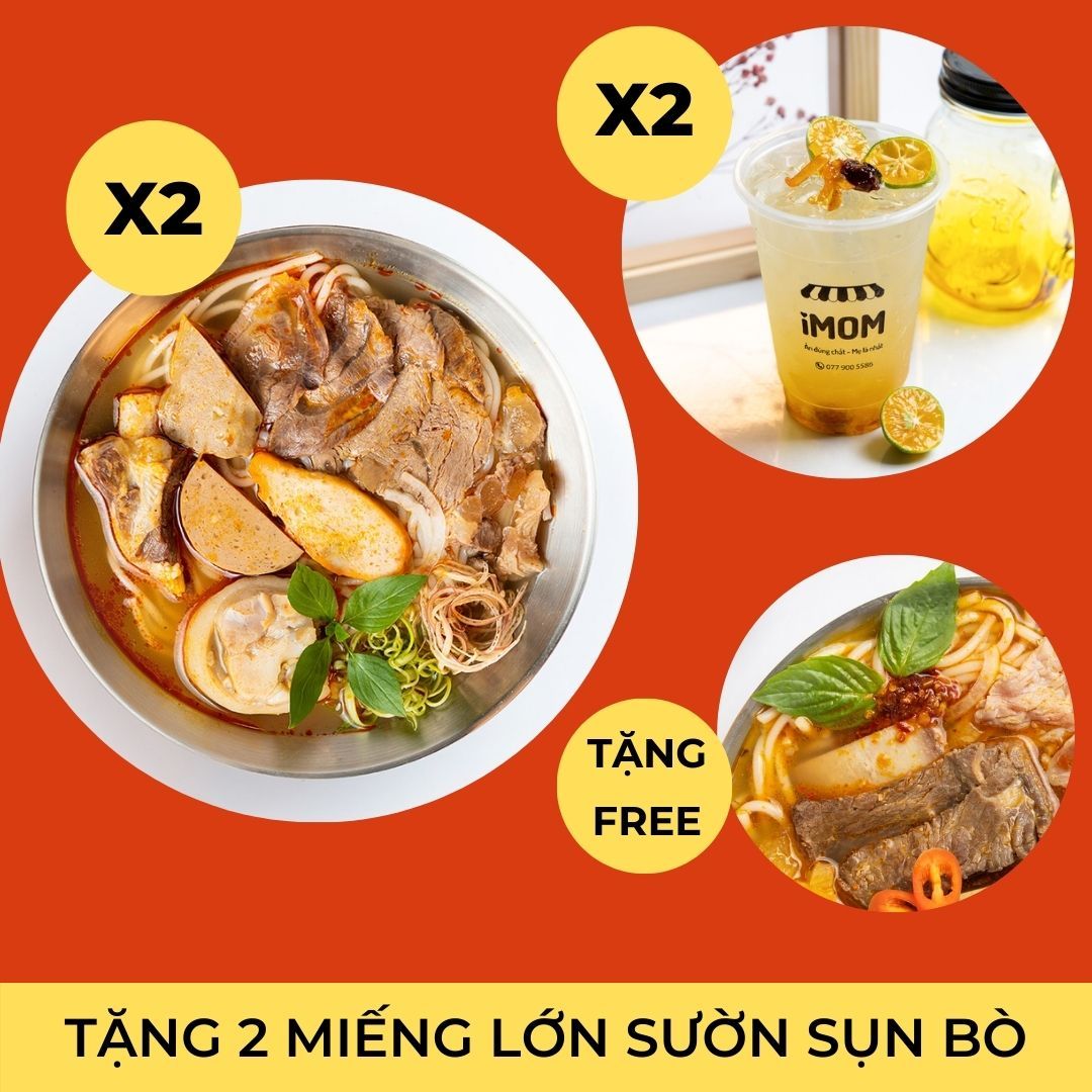 VIP Combo 2x Bún Bò Huế Đặc Biệt (Giò Gân) + 2x Tắc xí muội mật ong (L) + Tặng Free Phần Sườn Sụn Bò