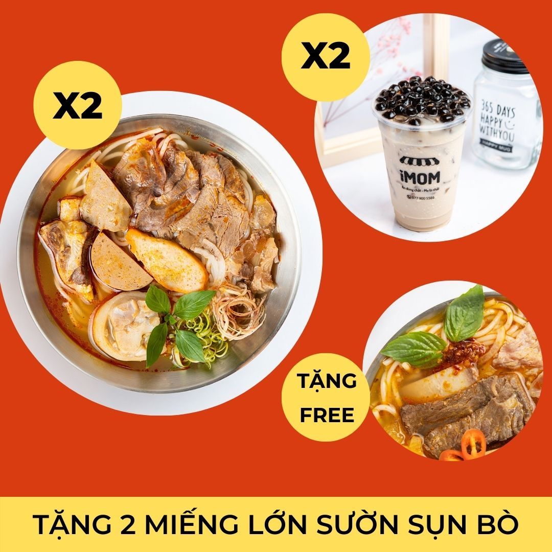 VIP Combo 2x Bún Bò Huế đặc biệt (giò gân) + 2x Trà Sữa trân châu iMOM (L) + tặng Free phần Sườn Sụn Bò