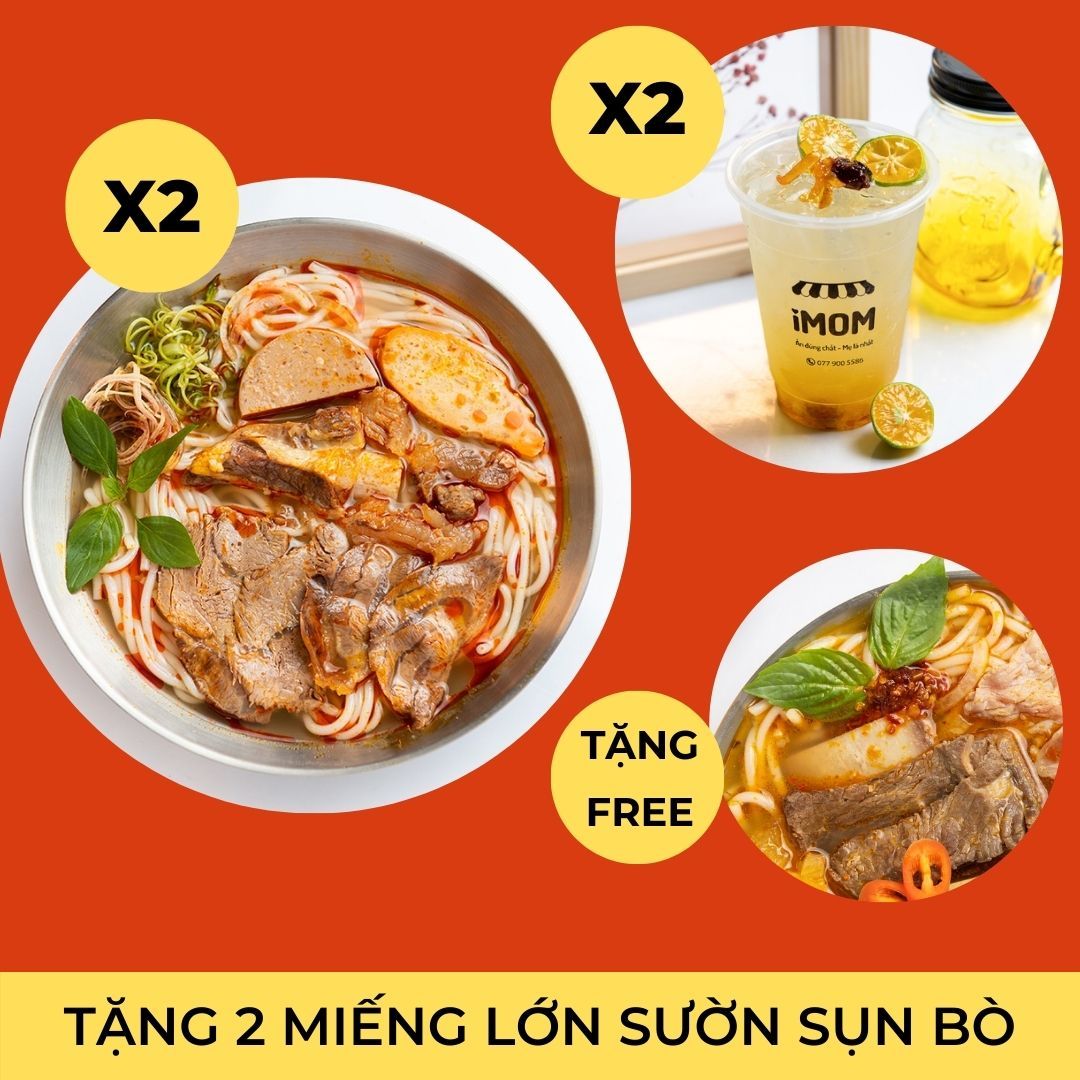 COMBO Vip Cho 2 Người: 2x Bún Bò Huế Thập Cẩm + 2x Tắc xí muội mật ong (L) + Tặng Free 2 Miếng Sườn Sụn Bò Lớn