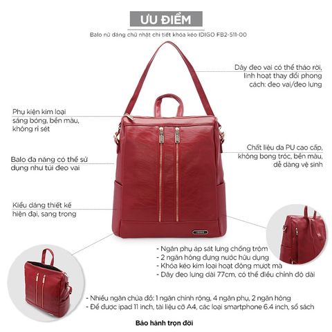 Balo nữ dáng chữ nhật chi tiết khóa kéo IDIGO FB2-511-00 